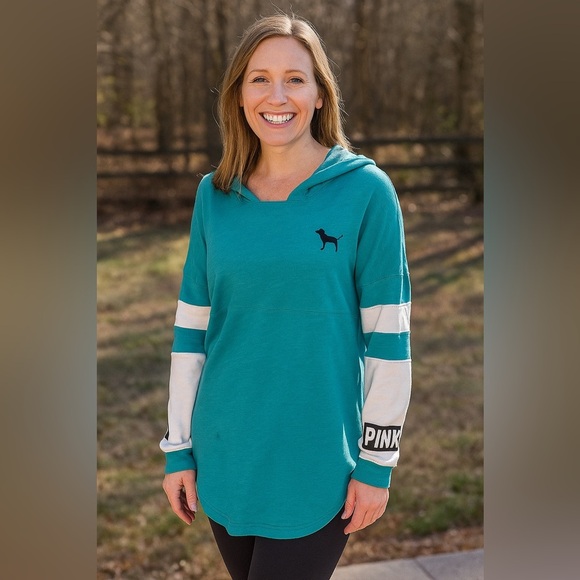 Victoria’s Secret PINK Hoodie – Turquoise & White Stripes, EUC - Picture 1 of 8